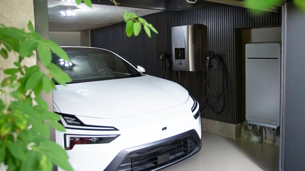 Weißes E-Auto in einer Garage, an der Wand eine Wallbox und ein Batteriespeicher